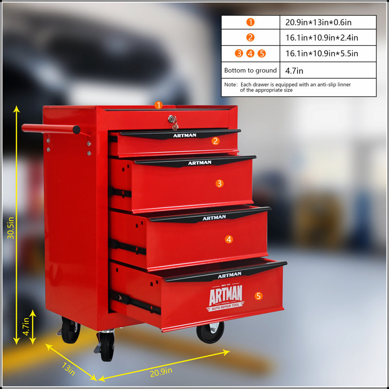 Coffre à outils durable en métal avec 4 tiroirs, glissières à roulement à billes et construction en acier robuste pour une organisation efficace