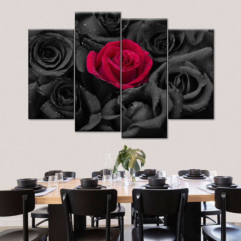 Ensemble de 4 pièces de roses rouges gothiques sur toile, H 54 po x l 84 po x P 1,25 po