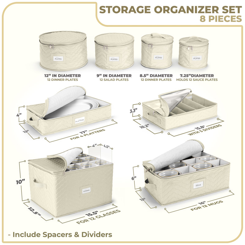 Cardboard,Polyester Dinnerware Storage Set with Felt Dividers Included, Beige