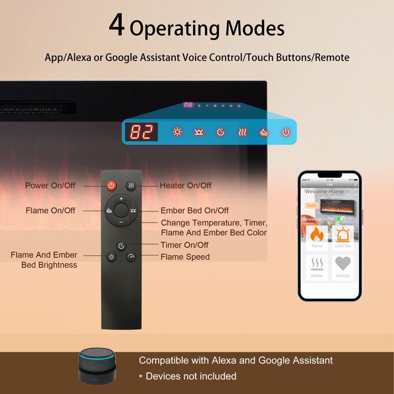 60" Smart Electric Fireplace, Alexa/WiFi Enabled, 16-Color 3D Multi-Row Flame, 1400W Fireplace Insert, Wall Fireplace Electric with Remote Control & App, Thermostat, 9H Timer