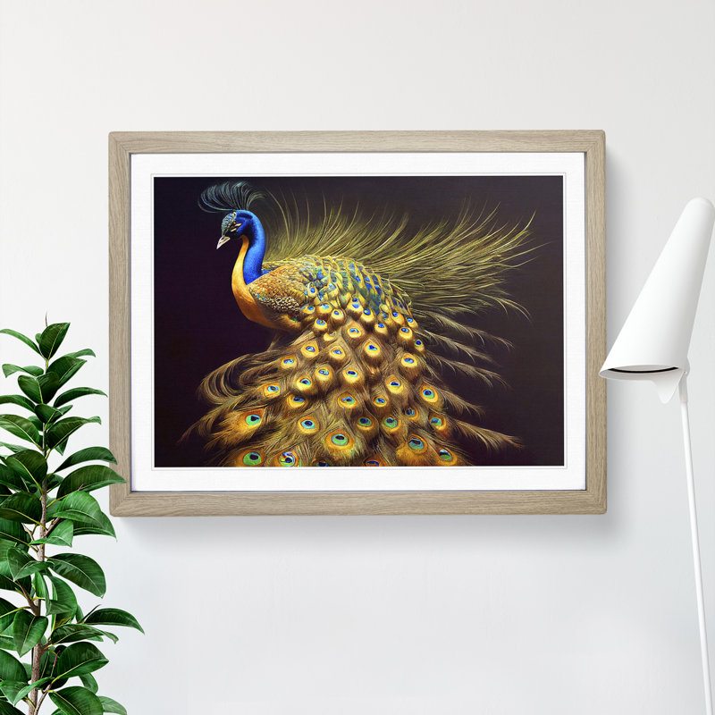 Illuminated Peacock - Single Picture Frame Painting, 46cm H x 64cm W x 2cm D, Oak