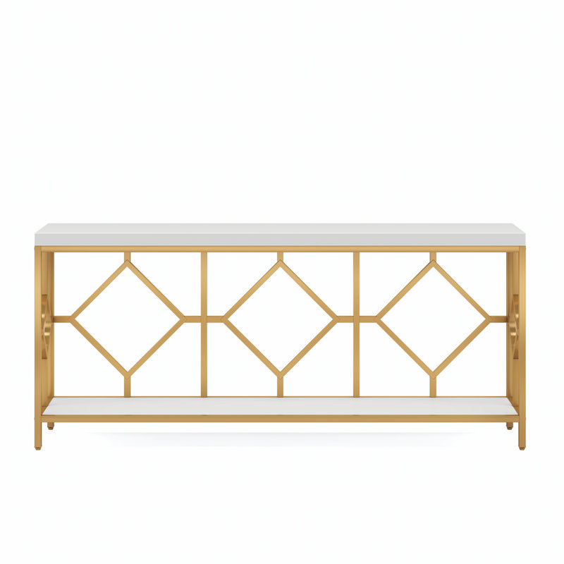 70.9 Inch Extra Long Industrial Console Table with 2-Tier Open Storage, Diamond Pattern Metal Frame, White & Gold
