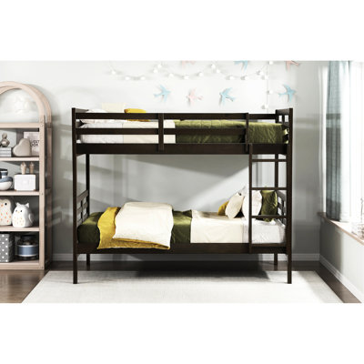Lit superposé simple au-dessus de style classique, finition en bois brun foncé, structure, barrières de sécurité sur le lit supérieur, lattes pour lits, peu encombrant dans les chambres, capacité de charge de 300 lb par lit Brun, artisanat, dessus, accès, les deux