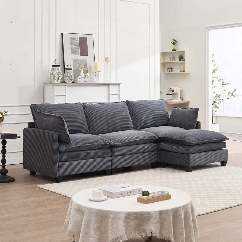 Canapé modulaire en velours avec 1 repose-pieds et 2 coussins lombaires, Gris foncé