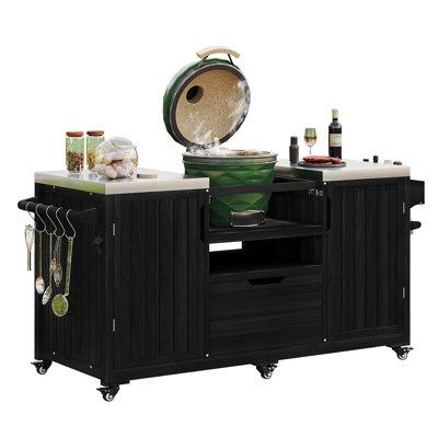 K&K 66.5" Outdoor Kitchen Island For Big Green Egg Grills, Solid Wood Outdoor Grill Cart For Tabletop Grill With Stainless Steel Top, Drawer, Compatible With Large Big Green Egg, Kamado Joe- Black