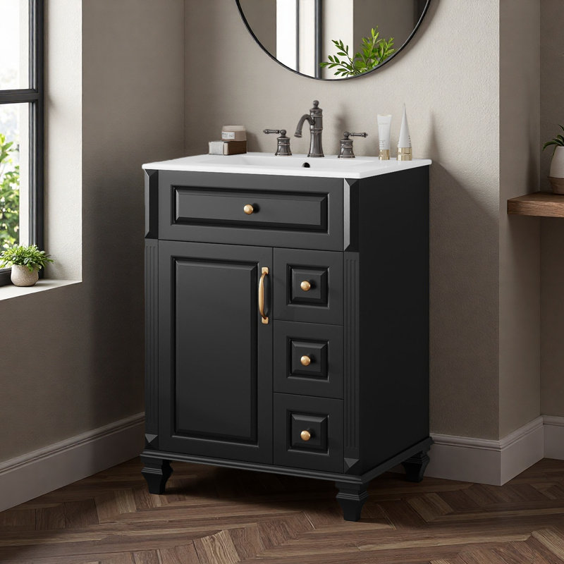 Meuble-lavabo de 24 po avec lavabo, meuble-lavabo autoportant avec tiroir rabattable, 3 tiroirs et armoire de rangement, bois massif et panneau de fibres à densité moyenne, comptoir de lavabo en céramique