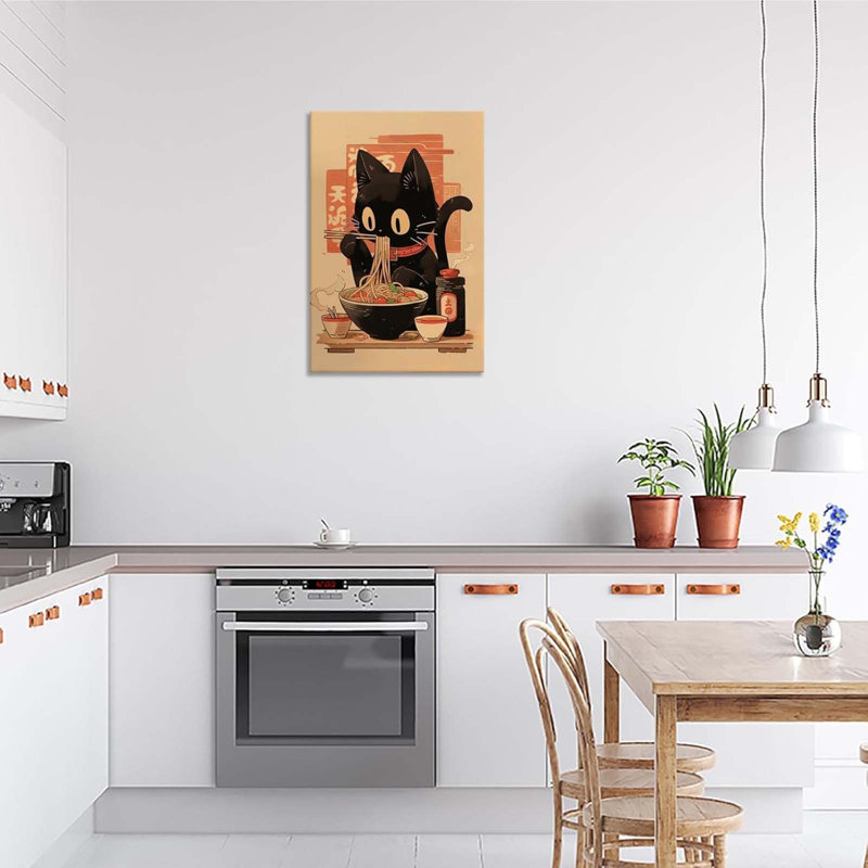 Trendy Japanese Black Cat Eating Ramen Posters Cute Animals Eating Noodles With Chopsticks Canvas Wall Art, 90 cm H x 60 cm W