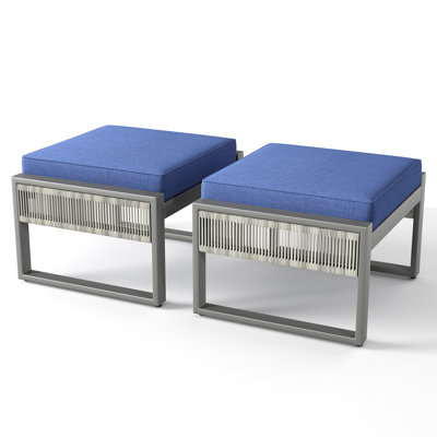 Ezell Outdoor Wicker Ottomans, Weatherproof Footstools With Cushions, Versatile For Patio, Garden