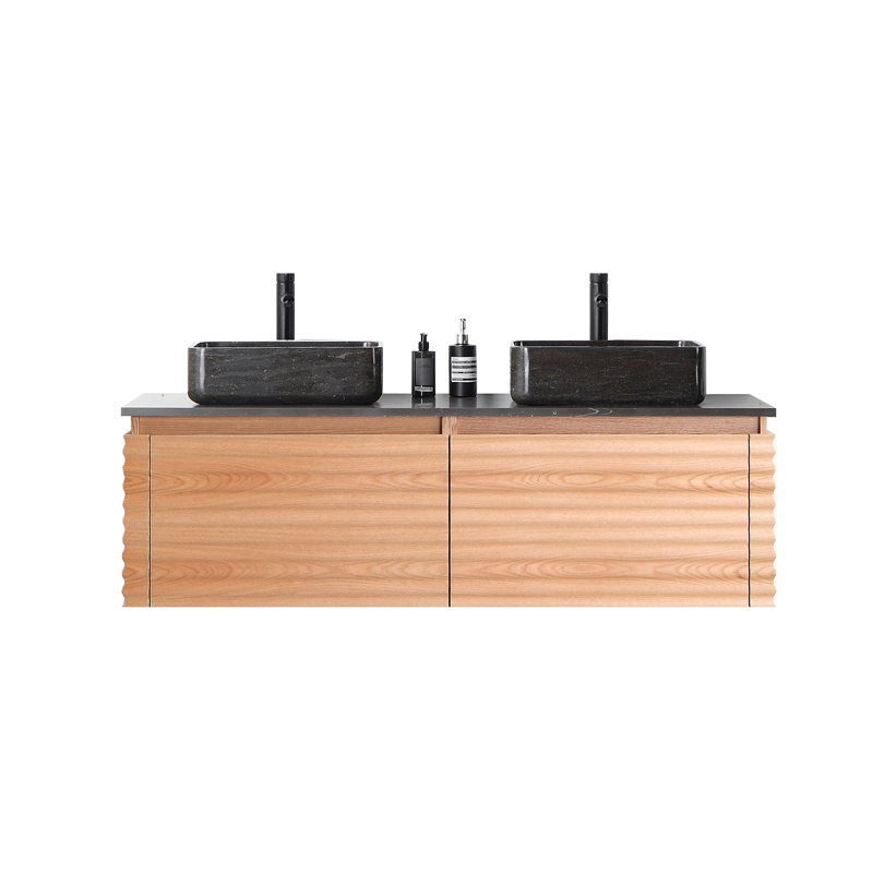 Meuble-lavabo double en contreplaqué de chêne naturel avec plateau en quartz d'ingénierie Jasmine, Érable