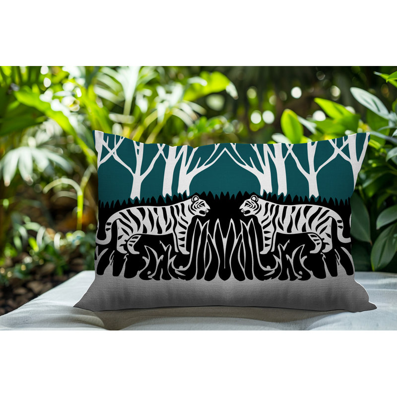 Oreiller rectangulaire réversible intérieur / extérieur Maka Tiger, H 20 po x l 14 po, Émeraude