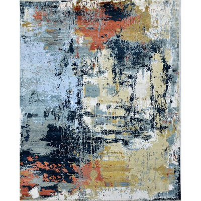 Tapis bleu / gris / ivoire de haute qualité noué à la main