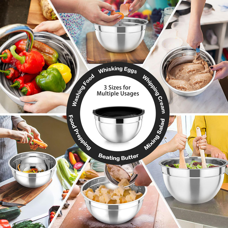 Black Mixing Bowls With Lids, Set Of 3, Stainless Steel Salad Nesting Bowl For Mixing, Storing, Prepping, Airtight & Stackable, Size 4.6/3 /1.5 QT