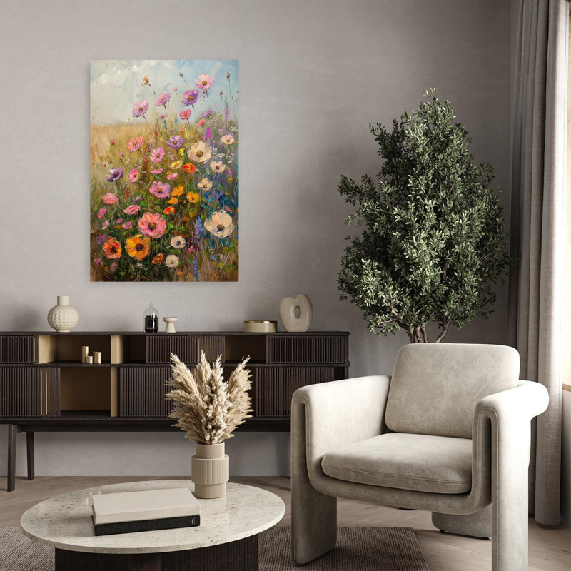 Arc-en-ciel de fleurs colorées, fantaisiste, papillon, paysage, impression d'art mural, 36" H x 24" W