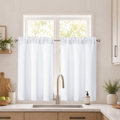 Light Filtering Short Curtains 36 Inch Length, Small Kitchen Curtain Tiers over Sink, Half Window Cafe Curtain Tier for Bathroom Basement Cabinet Camper, 2 PCS, Each 30"Wx36"L, Pure White