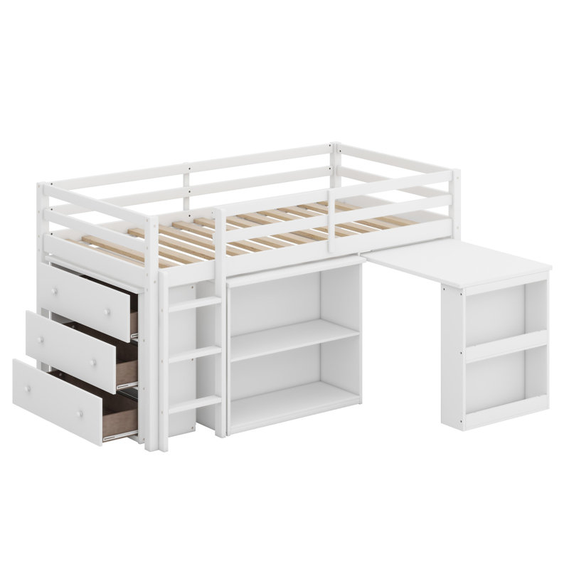 Lit mezzanine avec armoire à tiroirs intégrée, étagère et bureau coulissant, Blanc