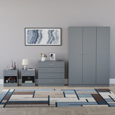 Tayce 4 Piece Bedroom Set (1 Drawer Bedside Chest X2, 4 Drawer Chest, 3 Door Wardrobe)