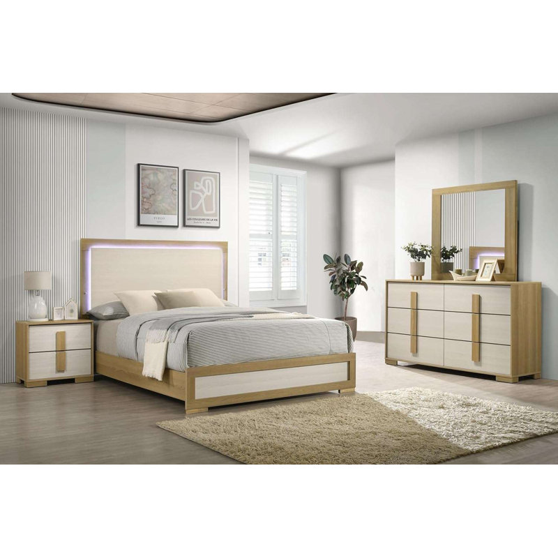 Ensemble de chambre à coucher 4 pièces Boone - Grand lit avec commode, miroir et table de chevet, Grand lit