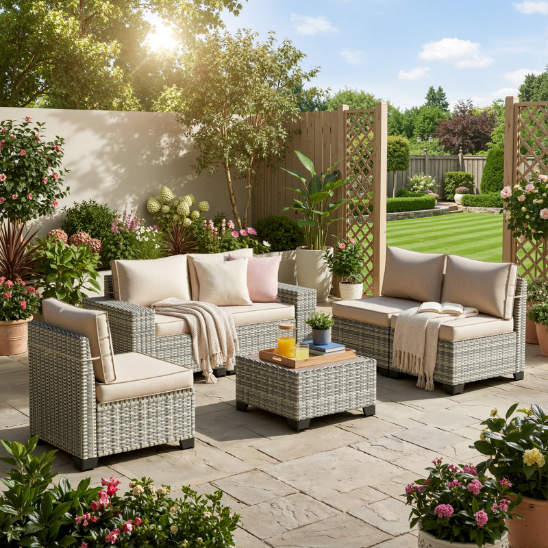 5-Person Outdoor Sectional Sofa Set With All-Weather HDPE Rattan, Cushions, And Wide Armrests, Taupe