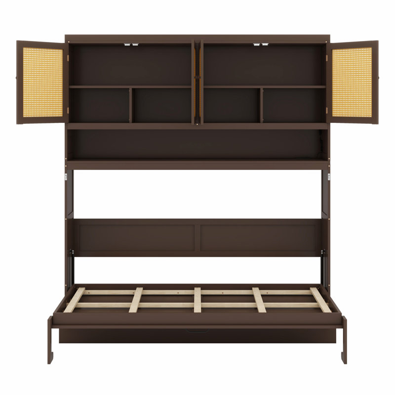 Lit escamotable peu encombrant avec armoire supérieure, lumière et port USB, Espresso