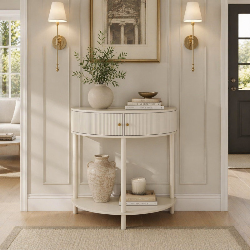 Artisan-Crafted Wave-Pattern Demi-Lune Console Table With Creamy White Finish,Unique Half Moon Design End Table With 2 Storage Drawers And Bottom Shelf For Living Room, Bedroom, Study, Hallway