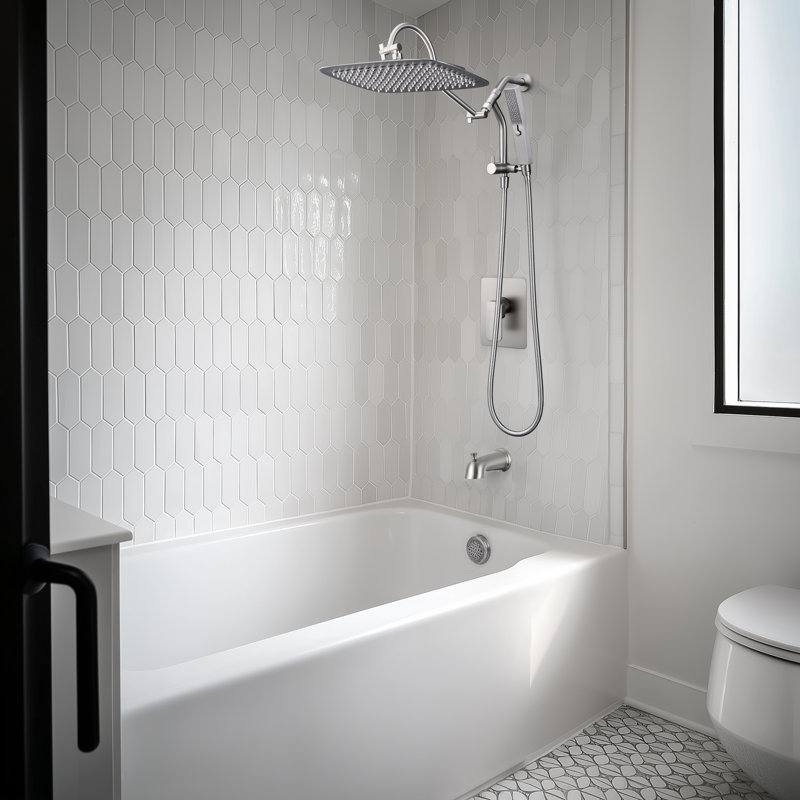 14 Inches Shower Faucet Sets Complete, All Metal Rainfall Shower Head And Handle Set, Extended Downward Diverter, Extension Arm Pressure Balance Rough-in Valve And Tub Spout Included