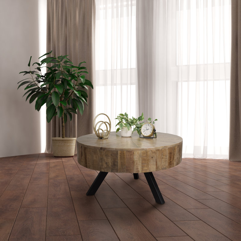 Handcrafted Rustic Round Mercury Coffee Table - Natural Mango Wood with Metal Legs
