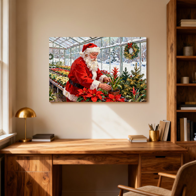 Père Noël qui s'occupe des poinsettias dans la serre, H 28 po x l 40 po