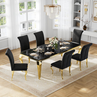 Modern 94" Dining Set, 7-Piece Set With Large Black Tempered Glass Top And S-Shaped Stainless Steel Legs, 6 Striped Back Dining Chairs With Mirror Stainless Steel Legs
