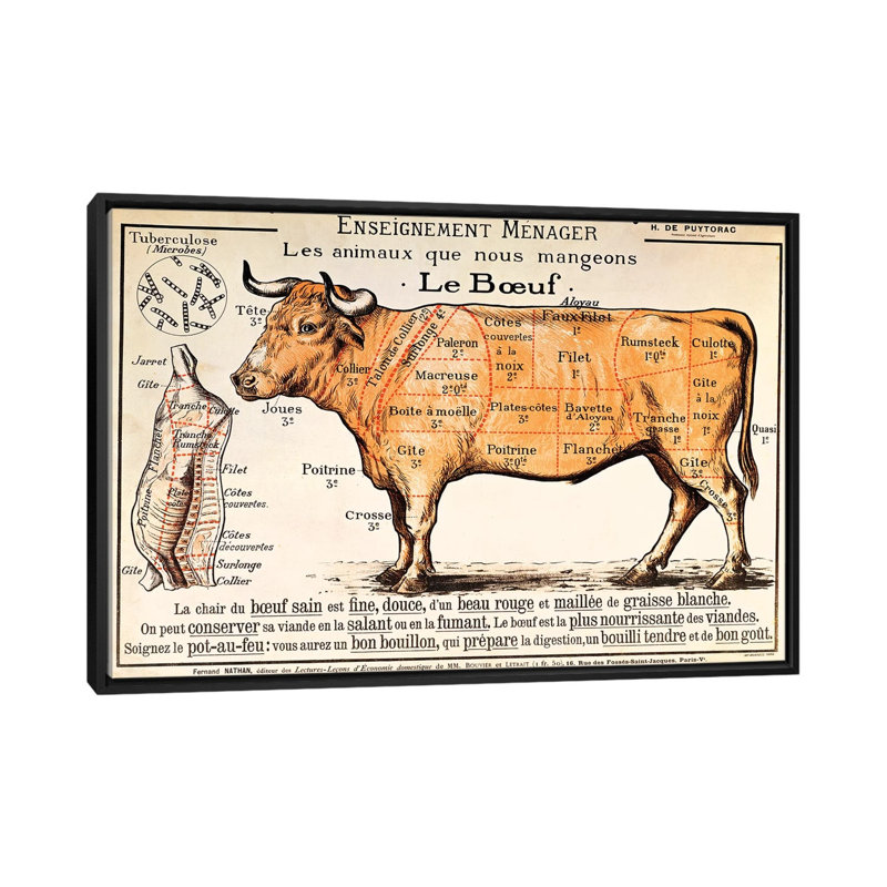 Boeuf: diagramme illustrant les différentes coupes de viande - impression d'art graphique, H 26 po x l 40 po x 1,5 po