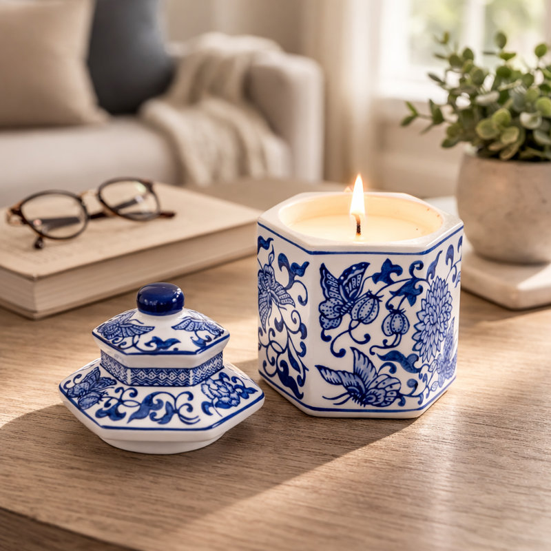 Bethony Chinoiserie Hexagonal Ceramic Candle Jar with Lid - 7" Blue & White Stoneware Decorative Accent for Home, Office, or Bedroom