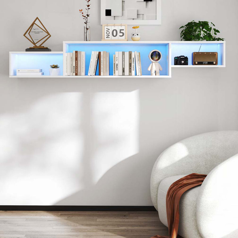 Mounted Floating Bookshelf with LEDs and Charging Station, White