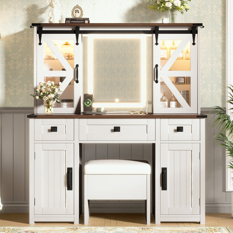 Makeup Vanity Desk with Lighted Mirror, Storage Stool and Charging Station