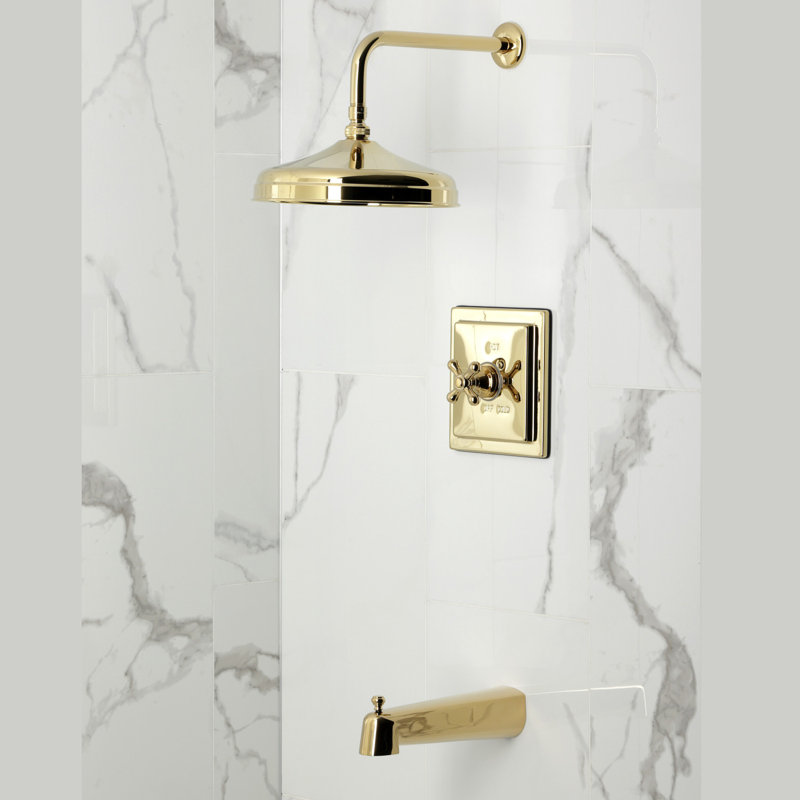 Robinet de baignoire et de douche à pression équilibrée à poignée simple Kingston Brass, Laiton poli, Lever Handle