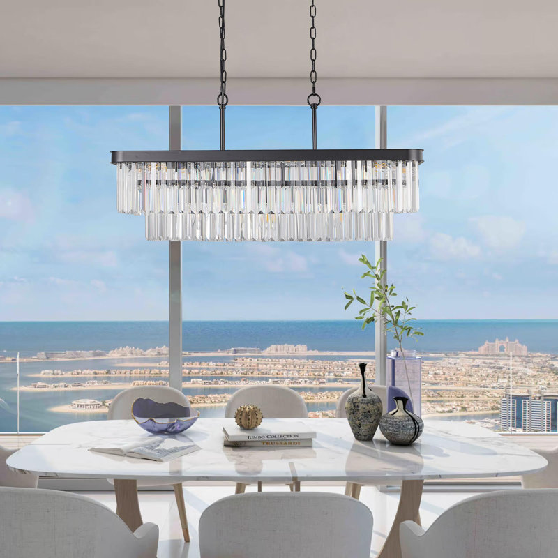Chandelier Series, Adjustable Rectangular Crystal Chandelier, E12 Modern Industrial Crystal Light, Rustic Wrought Iron Ceiling Pendant (Suitable for Kitchen/Living Room/Bedroom) Black (Bulbs Not Included)