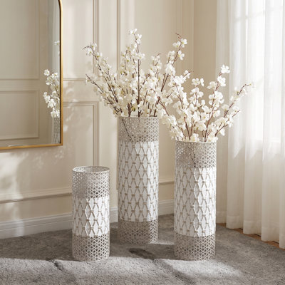 Vase de sol décoratif haut en métal blanc doré à motif géométrique en relief, lot de 3