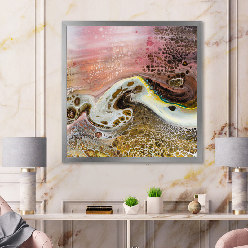 Art liquide blanc avec vagues roses et jaunes - impression sur toile moderne, H 16 po x l 16 po x P 1 po, Cadre photo argenté