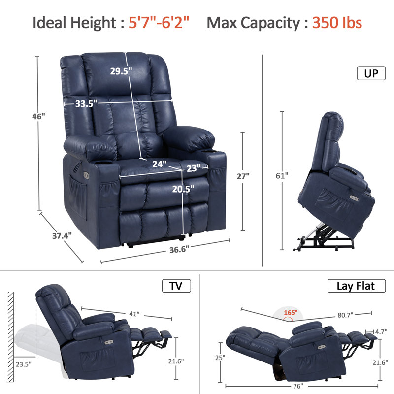 Large Dual Motor Power Lift Recliner Infinite Position with Massage and Heat for Tall People, Blue