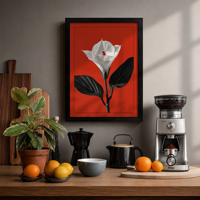 White Bloom On Red Botanical - Print, Black, A4 - 29.7 x 21.0 cm