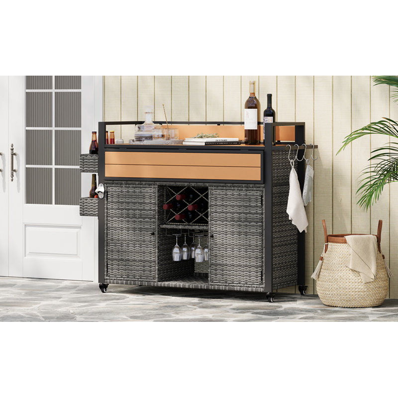 K&K 52.8"W Wicker Outdoor Grill Cart With Extended Plastic Wood Table Top, Rolling Kitchen Island On Wheels With Storage Cabinet, For Patio Backyard Garden Poolside, Double Handle Design, Grey