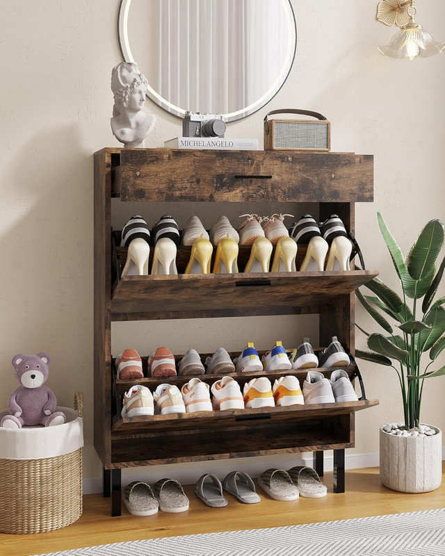 Armoire de rangement pour chaussures avec deux tiroirs rabattables, organisateur de chaussures dissimulé peu encombrant pour le vestibule