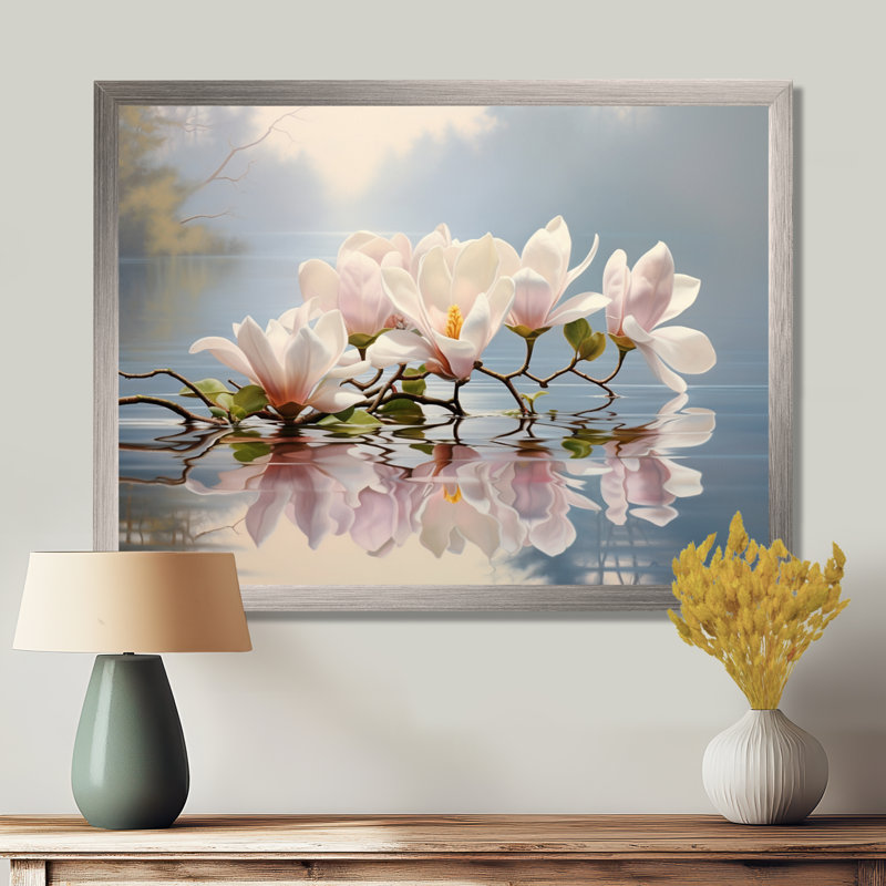 Blanc blanc gris Magnolias Magnolia Reflections I - Magnolias, art mural, H 12 po x l 20 po x P 1 po, Cadre flottant brun