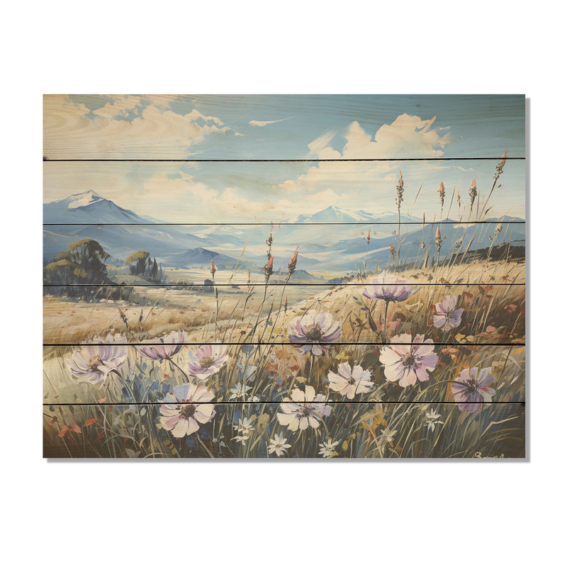 Bleuet mauve dans un paysage de montagne - fleurs, art mural sur bois de pin naturel, H 10 po x l 20 po