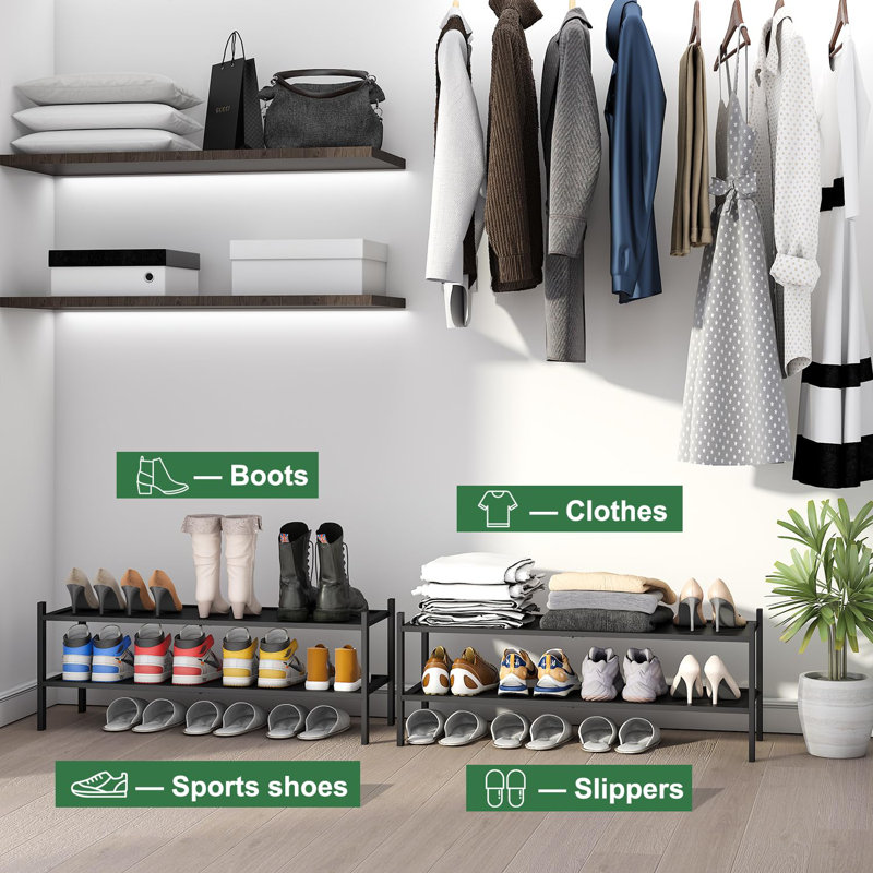 Long 2-Tier Stackable Shoe Rack 11" - Organize Shoes In Living Room With Adjustable Feet And More Storage Space, Matte Black