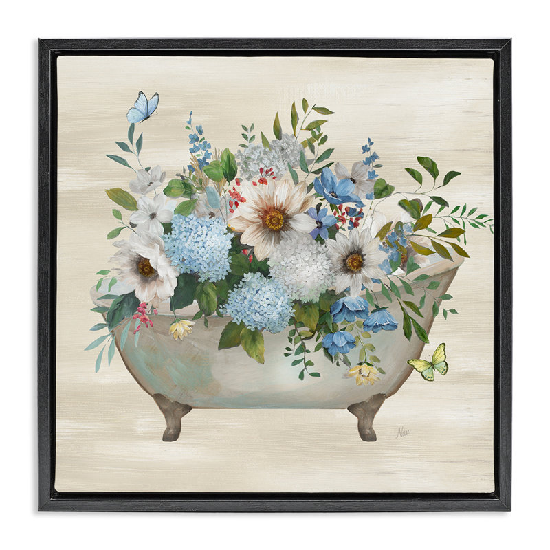 "Floral Bouquet Bath", art mural encadré flottant doré par Nan, Cadre flottant noir de jais, H 18 po x l 18 po