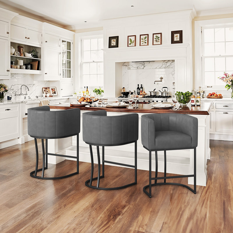 Chyanne 26.4" H Modern Barrel Counter Stools With Backrest & Arms - Upholstered Kitchen Island Stools, Metal Legs, Waterproof Fabric