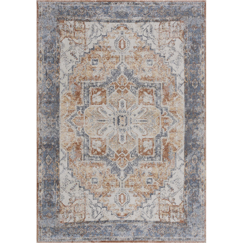 Medallion Design Performance Gray/Brown/Blue Machine Washable Area Rug, Rectangle 7'10" x 10'