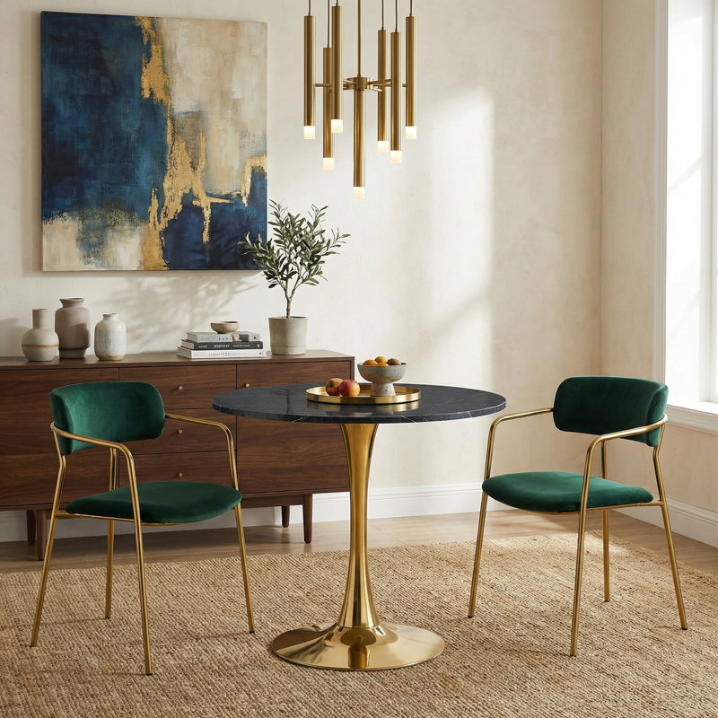Table de salle à manger 31,5 "Mid-Century avec tulipe moderne avec plateau en faux marbre, plateau de table épaissi, base en piédestal en métal pour les petits espaces