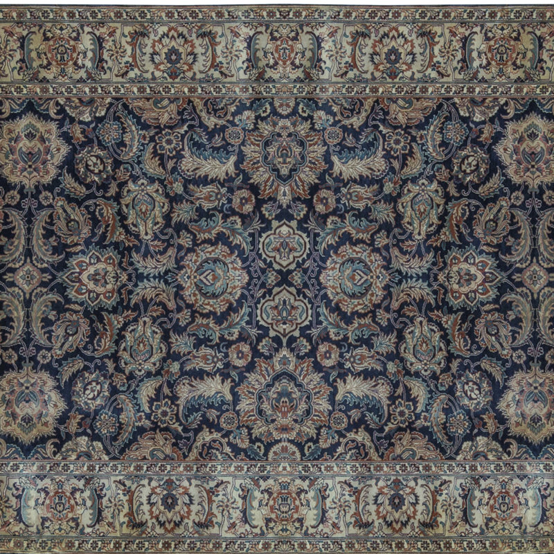 Chemin de table bleu marine et beige noué à la main de haute qualité