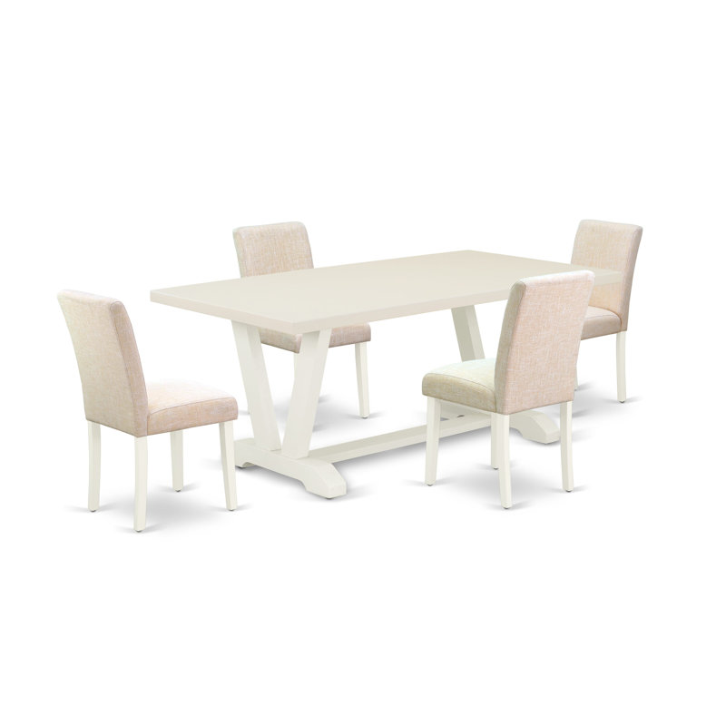 Ensemble de table de salle à manger 5 pièces comprenant une table de cuisine rectangulaire avec pieds en V et 4 chaises de salle à manger Parson en tissu beige clair, lin brossé blanc