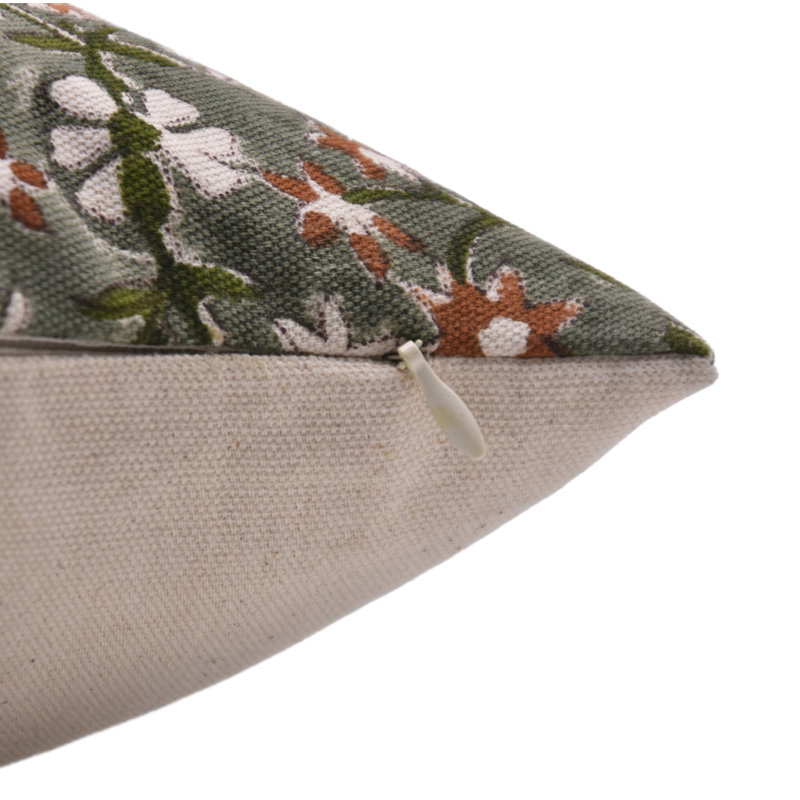 Handmade Block Print Cushion Cover Mhalaxmi 16X16 inch Cotton Duck Canvas Floral Brown Green , 16"H x 16"W
